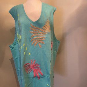 MAGGIE SWEET New 100% Cotton Embroidered Green Palm Trees Knit Tank, Size 4X